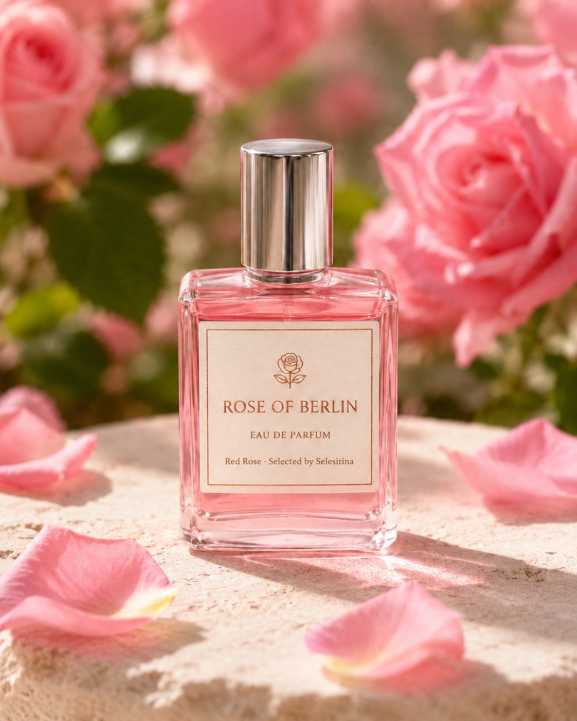 Rose of Berlin Eau de Parfum surrounded by pink roses