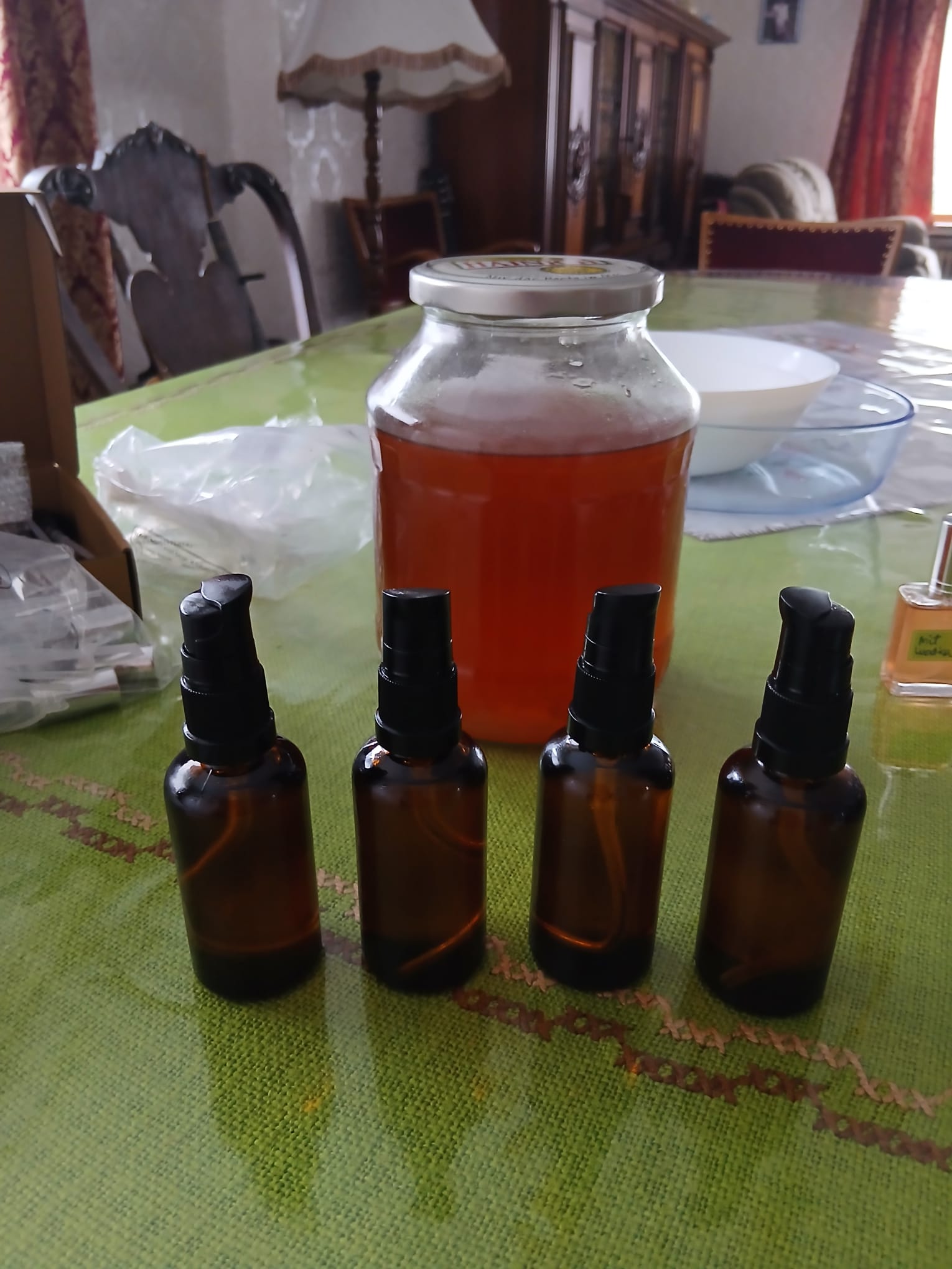 Homemade rose water and hand-filled oils
